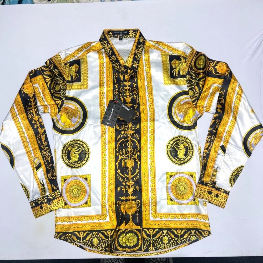 Gsbogosse Baroque Print Shirt Long Sleeve Gold Accents Men Shirt Size S, NWT